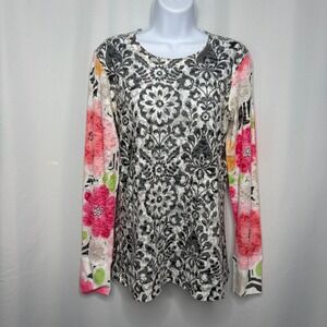 Whimsy Rose Womens Baby Waffle Knit Damask Floral Mixed Print Top Gray Pink L
